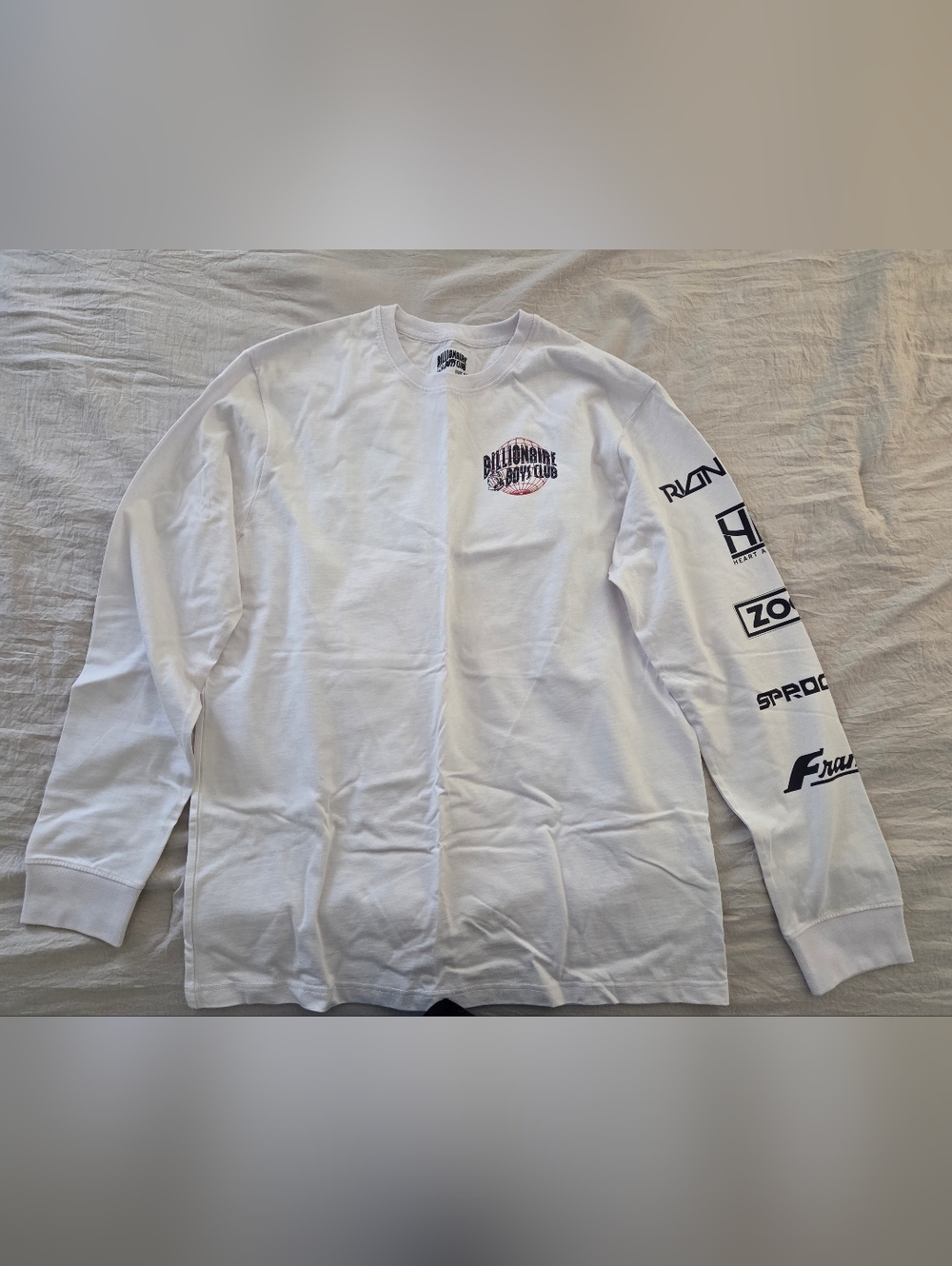 Billionaire Boys Club White Long Sleeve Tee with Black Sleeve Graphics